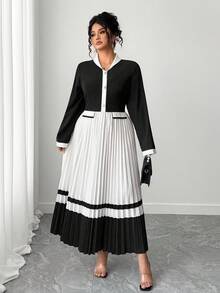 Elenzga Women's Elegant Long Sleeve Black & White Color Block Pleated Dress Fall Cloth For Women