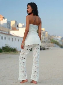 Opulessa Women's Off White Solid Bandeau Top & Hollow-Out Knit Pants 2 Pieces Set,Crochet Summer Casual Vacation Holiday Outfits,Off The Shoulder Wedding Guest - Beige - View 5