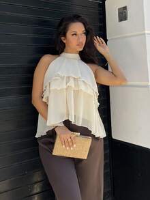 NegzBox Halter Neck Ruffled Cake Chiffon Blouse - Beige - View 1