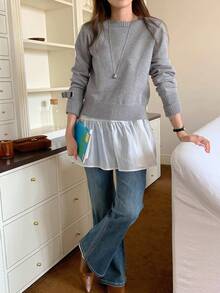 Livesso Solid Color Fitted Long Sleeve Bow Crew Neck Casual Sweater For Women, Autumn - Grey - View 5