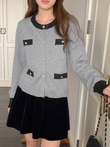 DAZY Patchwork Colorblock Crew Neck Long Sleeve Elegant Vintage Knit Cardigan For Women, Autumn/Winter - Grey - View 1