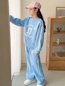 Genkimix Kids 2pcs/Set Girls White Letter Print Crew Neck Blue Knit Sweatshirt And Sweatpants Set, Suitable For Autumn/Winter Outings, School, Daily, Casual Wear Fall