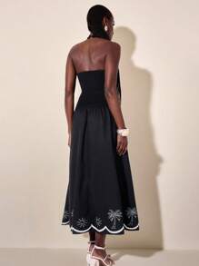 CAJUNI Women's Boho Colorful Print Vacation Casual Beach Elastic Waist Long Dress With Ruffled Hem And Hollow-Out Pattern