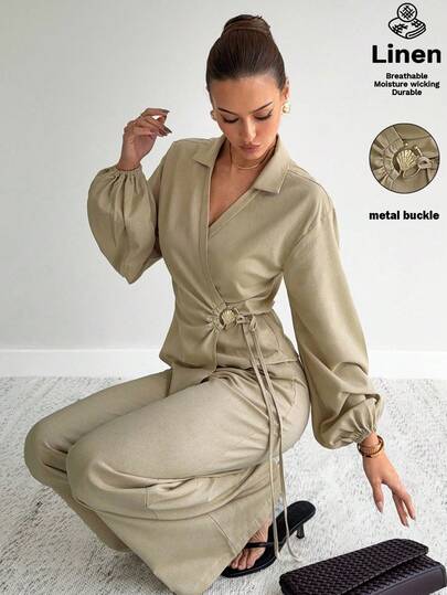 Siren Gaze 2025 年秋季女装新款奢华优雅正式亚麻两件套，女士米色灯笼袖裹身衬衫配金属扣和阔腿裤，别致的办公室工作外出派对毕业舞会休闲两件套，非常适合万圣节圣诞节沙特国庆节国庆新年