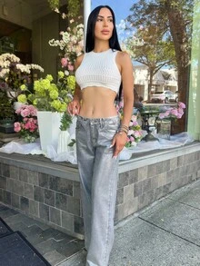 Carolina Barros Women's Pocketed Silver Foil Washed Straight Leg Jeans Fall Women Clothes