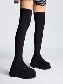 Sugerpunk 欧美 Y2K 黑色摇滚朋克厚底靴，套脚粗跟哥特靴，不对称鞋跟街头风女靴 - 黑色 - 查看 7