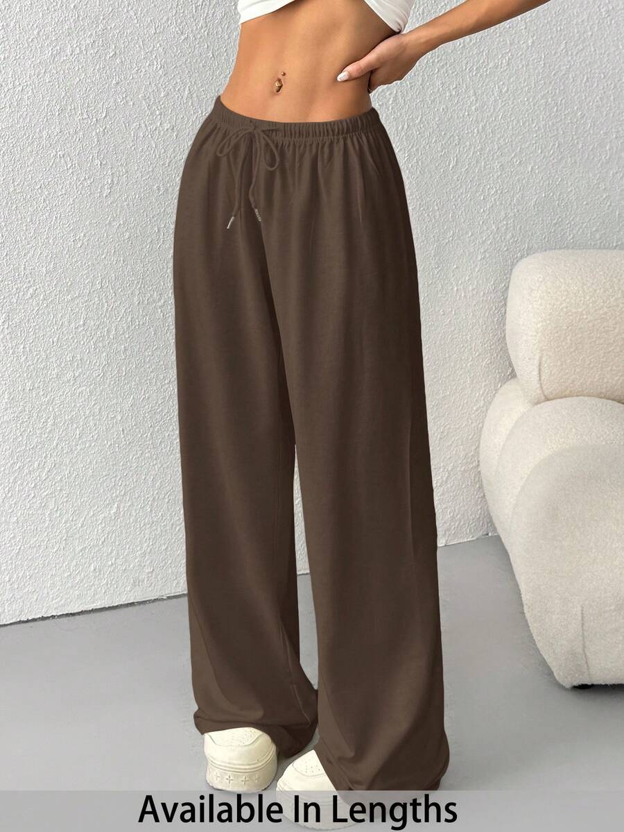 SHEIN PETITE CURVE 女士夏季简约前系带宽松运动裤，休闲日常穿着 - 巧克力棕 - 查看 1