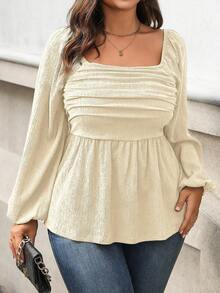 Vionelle Áo peplum cổ vuông tay đèn lồng xếp nếp thanh lịch cỡ lớn cho nữ xuân/hè, dành cho dịp Giáng sinh - Màu be - Xem 4