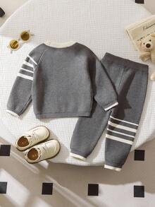 Souflis Souflis Baby Boy Striped Crew Neck Raglan Sleeve Sweater And Knit Pants Set, Autumn Fall Winter