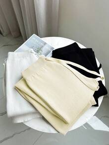 Franclia 全新女式高腰抽绳休闲直筒阔腿裤，保暖内衬厚针织长裤 - 香檳色 - 查看 5