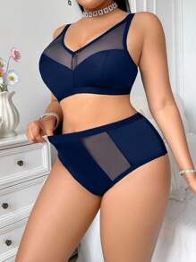 SHEIN Bộ 2 áo ngực và quần lót không dây cỡ lớn, mềm mại, mặc hàng ngày, màu xanh navy, nâng ngực - Màu xanh hải quân - Xem 5