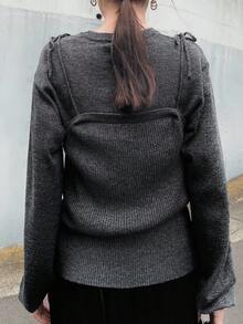 Women's Round Neck 2 In 1 Camisole With Bowknot Decor, Front Zipper Decoration, Solid Color Urban Sweater Fall - Black - View 2