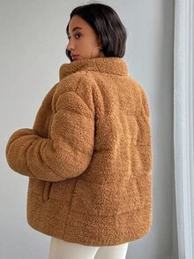 SHEIN Tall Women Fluffy Detailed Padded Coat Teddy Jacket Fur Jacket Brown Jacket Faux Fur Jacket