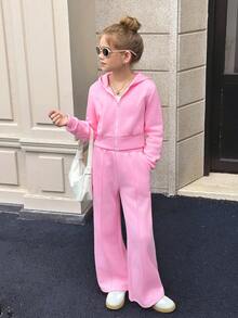 SHEIN 青少年女孩休闲时尚复古学院风针织短款连帽拉链运动衫夹克带口袋和宽松阔腿裤套装，粉色，适合周末休闲出游、返校 - 玫紅色 - 查看 2