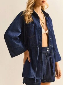 Daynim 女士休闲度假抽绳牛仔衬衫 - 深色水洗藍 - 查看 1