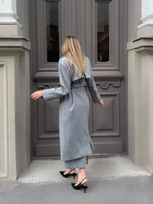 MOTF PREMIUM 羊毛翻领系腰带大衣 - 灰色 - 查看 4