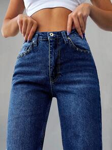 SHEIN Cottnline 女裝休閒直筒牛仔褲 - 深色水洗藍 - 查看 5