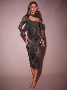 Hauture Long Sleeve Mesh Dress With Front Cut Out - Multicolor - View 3