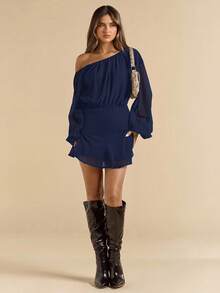 SHEIN BAE Black Chiffon Asymmetric Neck Loose Lantern Sleeve Short Mini Dress For Women, Vacation Chiffon Dress