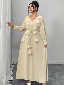 Modelyn Plus Appliques Belted Dress Fall Cloth For Women - Apricot - View 7