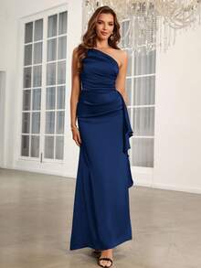 SHEIN Belle Adult Women's Ruffle Detail, Draped Shoulder, Asymmetric Bridesmaid Dress - Navy Blue - View 7