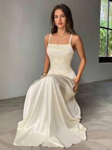 Aloruh Women's Elegant Mesh Embroidered Patchwork Waist Flared Satin Solid Maxi Dress, Beige - Apricot - View 3