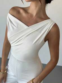 Firerie Women's Elegant Minimalist Chic Fashion Sexy Daily Commute Music Festival Vacation Asymmetric Neck Draped White Straight Jumpsuit, Spring/Summer - White - View 6