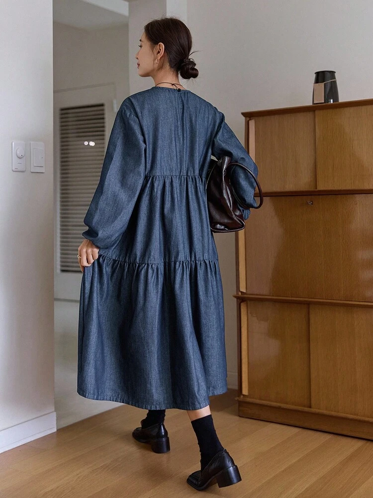 Women's Loose Fit Round Neck Long Sleeve Denim Dress, Casual & Youthful