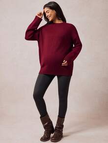 Boho Mama 孕妇休闲纯色落肩毛衣，秋冬 - 紅色 - 查看 3