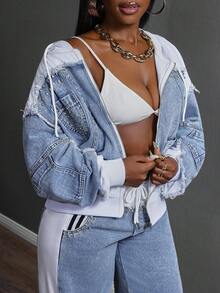 Slaydiva 大码女式休闲连帽拉链长袖宽松牛仔夹克 - 藍色 - 查看 4