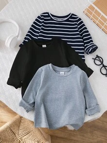 SHEIN 3 件套黑白条纹纯色圆领长袖套头衫，柔软舒适，百搭休闲装，适合男婴和女婴，适合春秋季节 - 彩色 - 查看 11