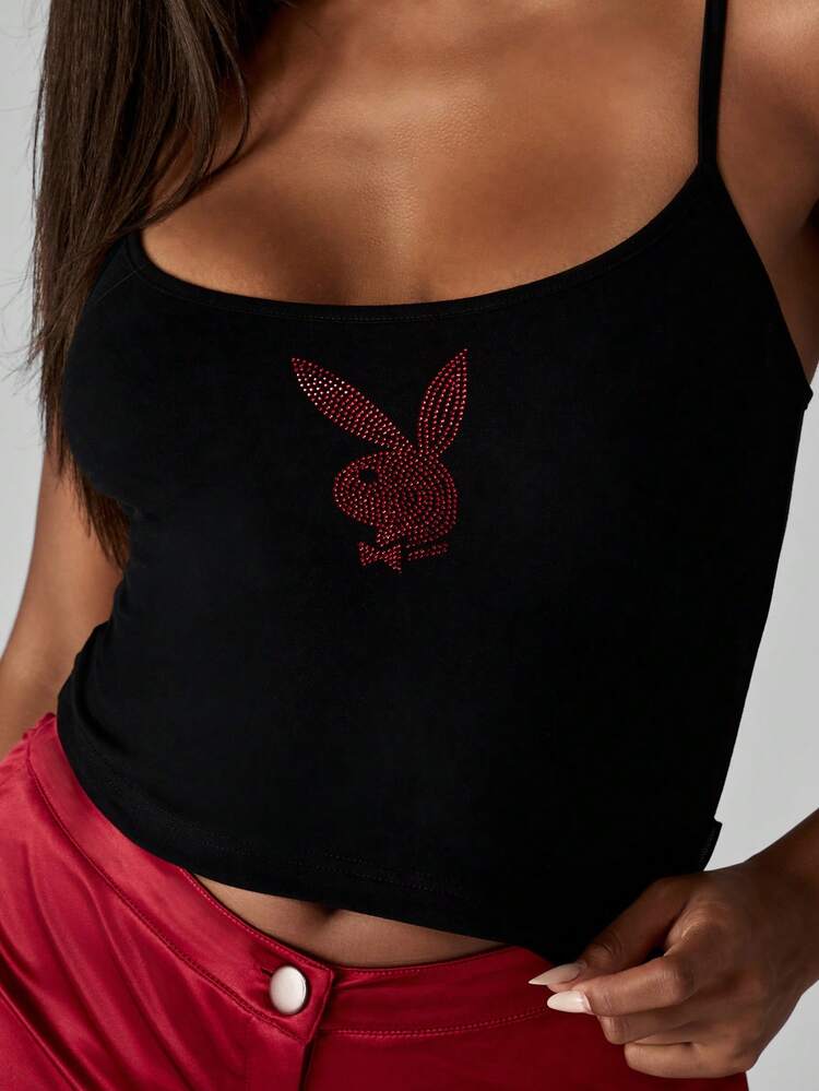 Missguided x Playboy Top de tirantes finos con aplicaciones de strass en forma de conejo para festivales de verano y streetwear