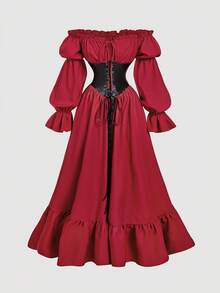 SHEIN MOD Dark Red Goth Vintage Regal Contrast Waist Cincher Long Dress,Baroque Renaissance Victorian Cold Shoulder Peasant Corset Prom,Fall,Party,Halloween - Red and Black - View 5
