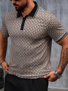 Manfinity CasualCool 男士满版印花撞色条纹拼色 Polo 衫 男士几何印花 Polo 衫 男士图案 Polo 衫 男士时尚 Polo 衫 男士 Polo 衫 男士高尔夫衬衫，复古风 - 卡其色 - 查看 6