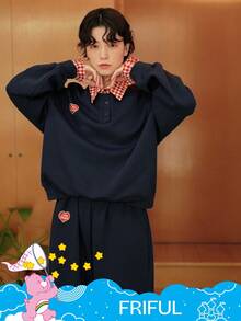 SHEIN X Care Bears FRIFUL 2件套女士格子拼接宽松加厚二合一卫衣和阔腿裤套装