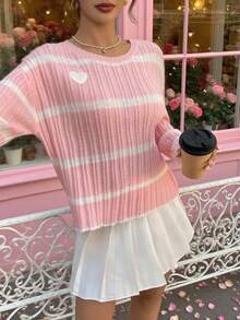 SHEIN Raffinéa Pink Ribbed Cute Heart Decor Women Knitted Pullover Sweater Fall Winter Cloth For Women - Pink - View 4