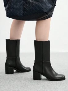 CUCCOO BIZCHIC Women's New Fashion Commuter Casual Lace-Up Buckle Thick Heel British Rider Motorcycle Mid-Calf Boots - Black - View 4