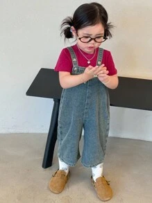 DAZY 女嬰休閒分層可愛水洗牛仔吊帶褲，秋冬幼兒款 - 藍色 - 查看 8