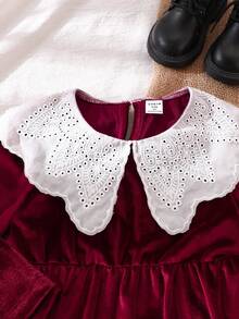 SHEIN Elladie kids Young Girls' Burgundy Velvet Dress, Autumn Christening Elegant Nancy Red Christmas Dress Featuring White Lace Trim Collar, Soft Lustrous Kids - Burgundy - View 5