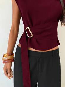 Aloruh 女士立领酒红色衬衫，金属纽扣装饰，适合工作场合、商务休闲、办公室穿着、外出、约会、教师等场合，也可作为女士社交衬衫穿着。 - 酒紅色 - 查看 6