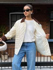 DAZY Women's Casual Contrast Color Patchwork Padded Coat Jacket Winter - Beige - View 5