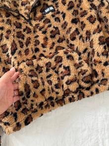 SHEIN Serisse Kids Tween Girls Casual Leopard Print Teddy Fleece Reversible Stand Collar Half-Zip Patch Pocket Loose Fit Long Sleeve Sweatshirt, Autumn/Winter, Fur Jacket Kids, Tween Plush Jacket, Kid Girl Jacket, Girls Cartoon Jackets Fall