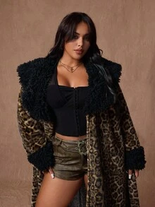 Rustia 大码女式保暖豹纹蓬松夹克，适合派对、夜店、冬季 - 棕色 - 查看 4