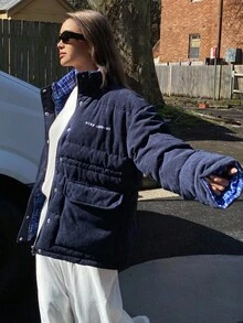 DAZY Chaqueta casual de mujer con cuello alto, versátil para abrigos de invierno - Azul Marino - Ver 7