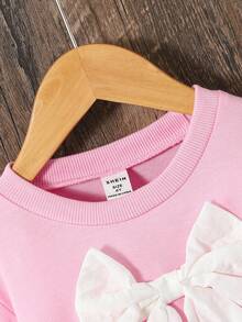 2pcs/Set Girls Casual College Style Pink Long Sleeve Crew Neck Sweatshirt With Blue Washed Denim Flare Pants Outfit - Pink - View 4