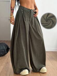 Coolane Women's Fall/Winter  All-Season Back To School Vintage Casual Streetwear Going Out Oversized Green Curved Hem Pants Corduroy Khaki Cargo Pants - Army Green - View 2