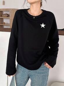 SHEIN 青少年女孩黑色针织星星印花休闲宽松插肩袖 T 恤 Y2K、春秋冬、返校季 - 黑色 - 查看 3