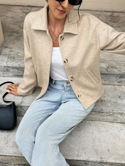 SHEIN Frenchy 女士休闲日常纽扣前开襟落肩外套，秋季