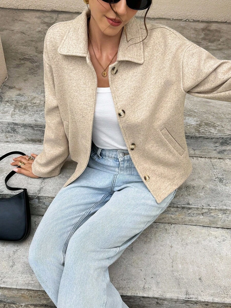 SHEIN Frenchy 女士休闲日常纽扣前开襟落肩外套，秋季 - 卡其色 - 查看 1