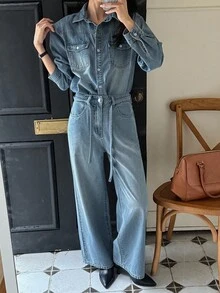 DAZY Chemise à manches longues avec col et boutons pour femmes et pantalon droit avec décoration de ceinture, tenue en jean décontractée